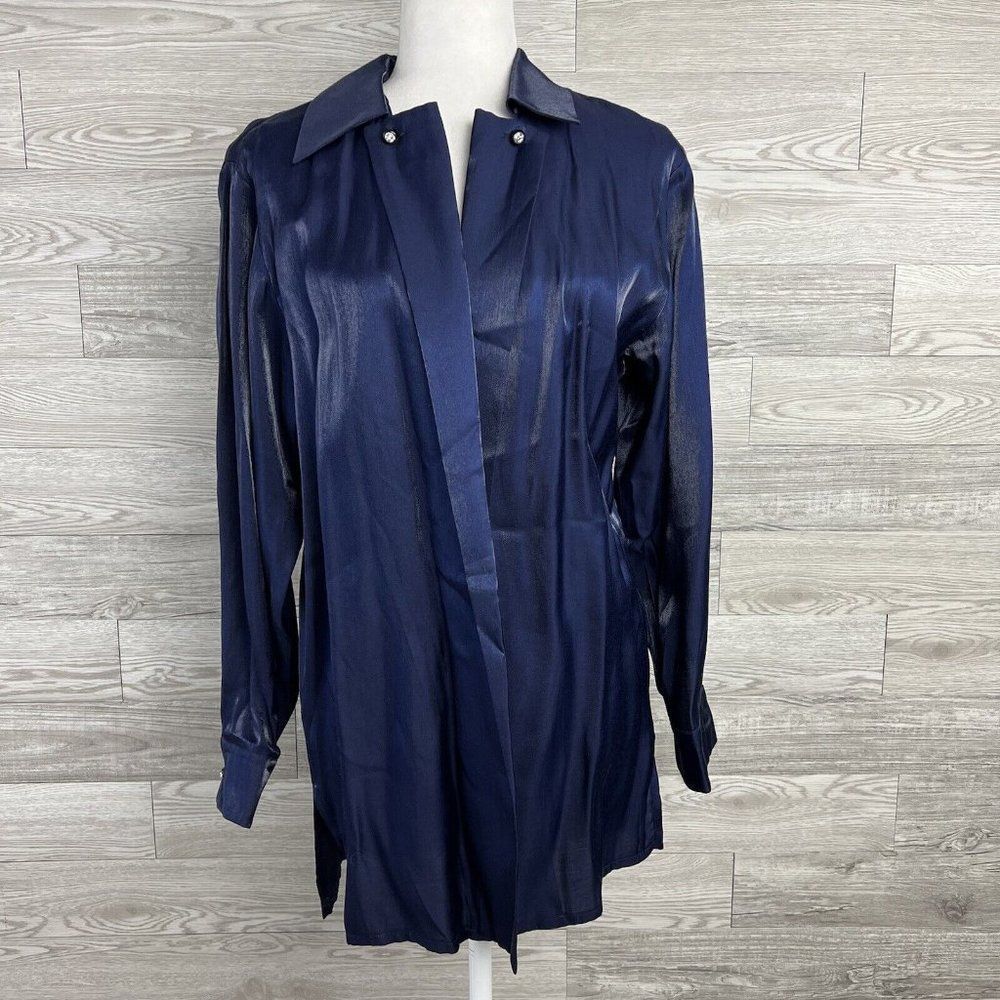 NWOT Selina Vintage Sheen Navy Open Collar Dress Blouse Sz 6 US Made In Canada